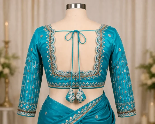 Designer bridal Aari blouse back neck design with handcrafted Maggam work