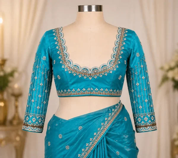 Luxury teal blue bridal Aari work blouse front view with heavy Maggam embroidery