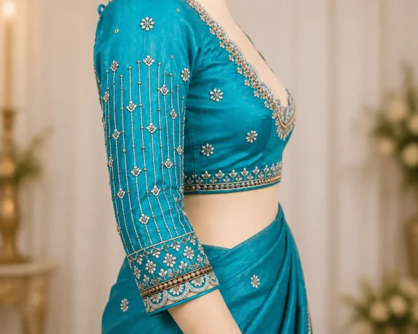 Full sleeve bridal blouse embroidery design with Aari work and bead detailing