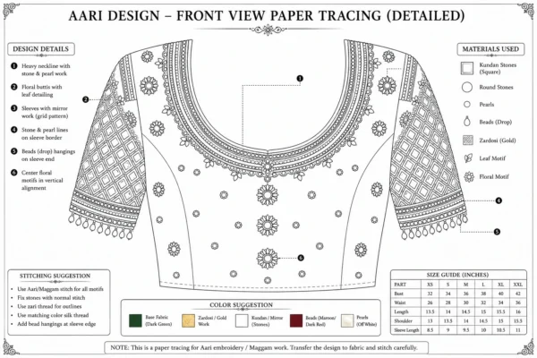 Front paper tracing design for bridal Aari embroidery blouse
