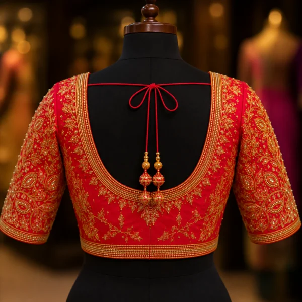 Deep back neck bridal Aari blouse with zari embroidery and tassels