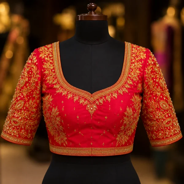 Luxury red bridal Aari embroidery blouse front view with heavy maggam work