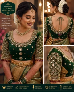 Luxury dark green bridal Aari work blouse with heavy maggam embroidery