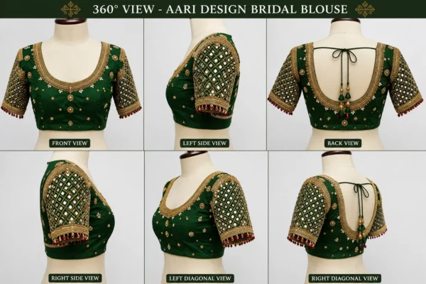 360 degree bridal maggam work blouse design in dark green silk