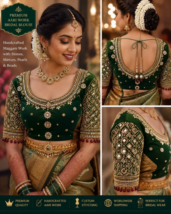 Luxury dark green bridal Aari work blouse with heavy maggam embroidery