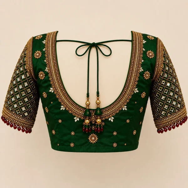 Back neck bridal Aari blouse with mirror sleeve maggam work design