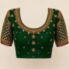 Luxury dark green bridal Aari work blouse front view with heavy maggam embroidery
