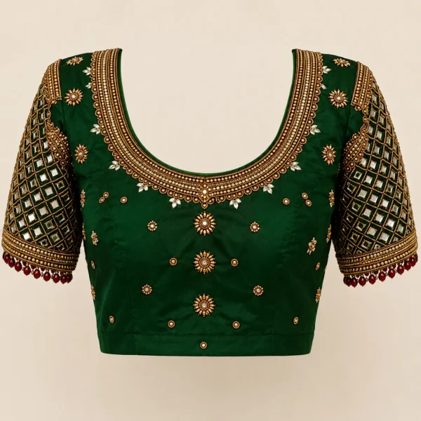Luxury dark green bridal Aari work blouse front view with heavy maggam embroidery