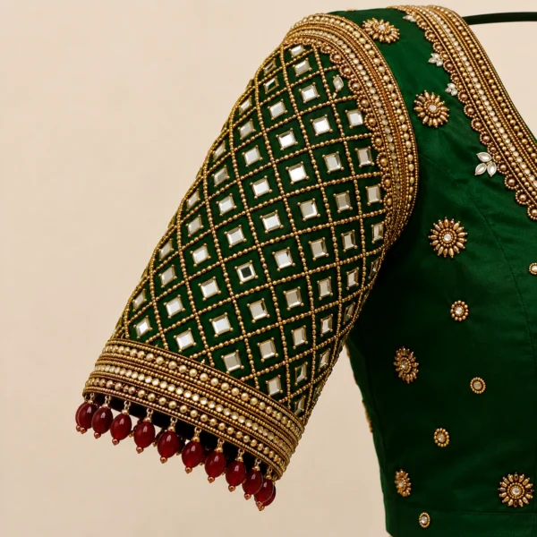 Heavy mirror work sleeve design for bridal Aari blouse