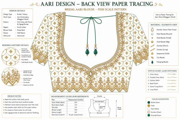 Back neck bridal blouse Aari tracing design with kundan border details
