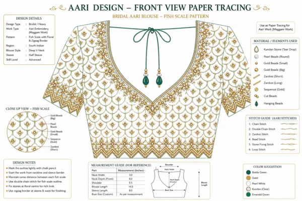 Fish scale bridal Aari embroidery front tracing pattern for Maggam Work