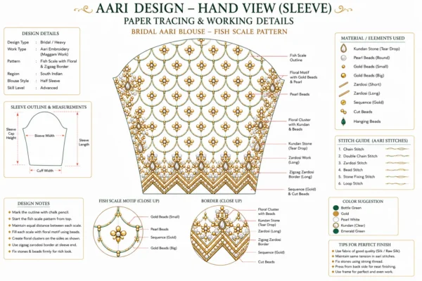 Aari embroidery sleeve tracing design with fish scale bridal pattern