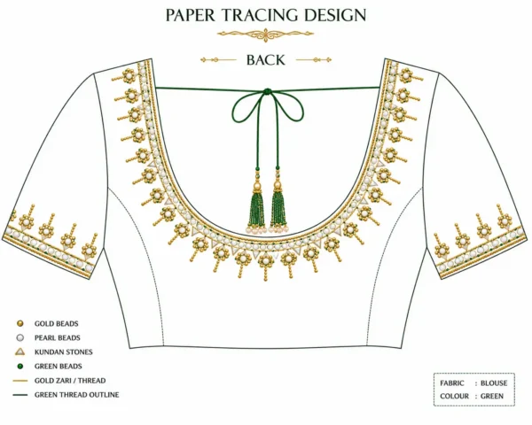 Back tracing pattern for green Maggam work bridal blouse