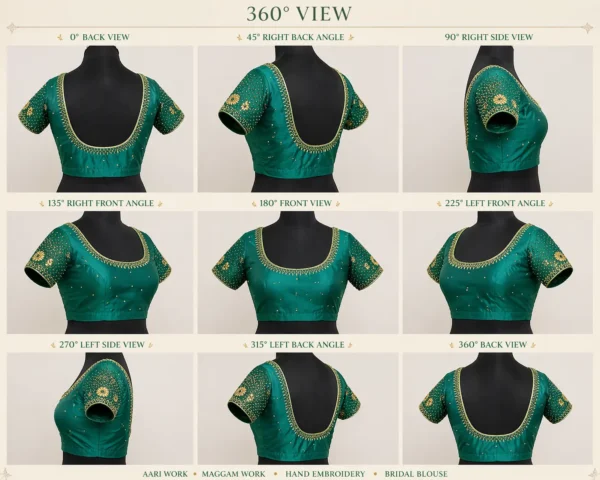 360 view bridal Aari blouse green silk