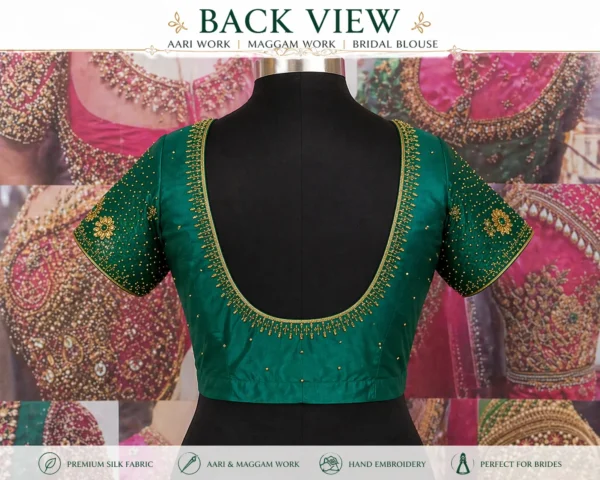Deep back neck green Aari blouse with bead embroidery