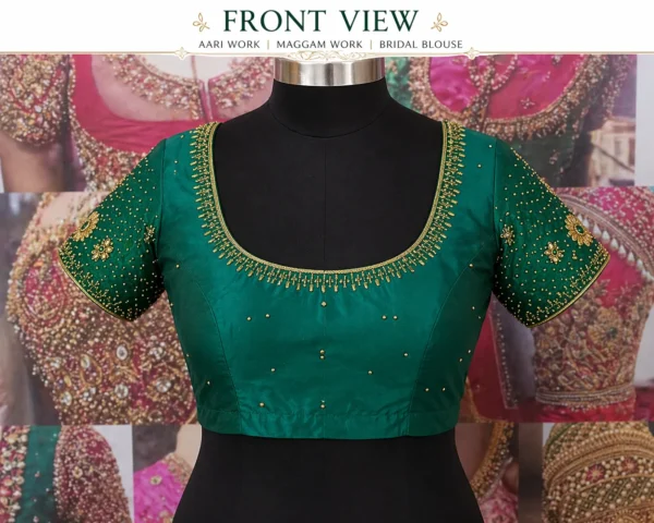 Green bridal Aari blouse front view with maggam work