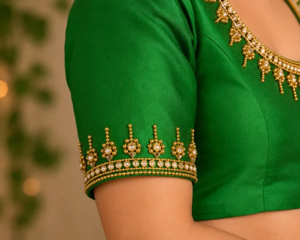 Designer sleeve embroidery with Aari work and Zardosi border