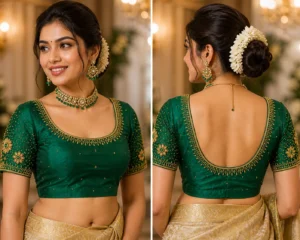 Green bridal Aari blouse saree view with maggam work