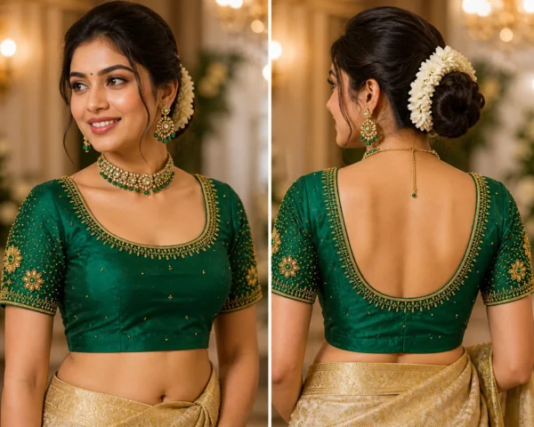 Green bridal Aari blouse saree view with maggam work