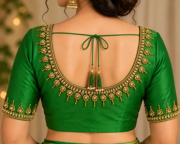 Back view of green bridal blouse with premium Aari embroidery and tassel detailing