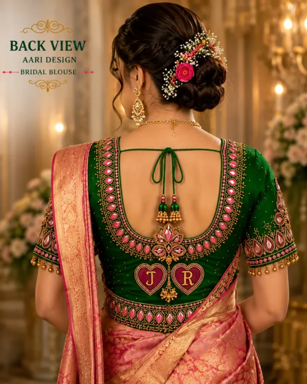 Deep back bridal blouse with JR monogram Aari embroidery design