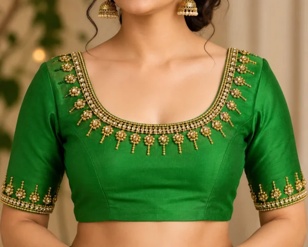 Luxury Emerald Green Bridal Aari Design Blouse front view with pearl and gold Maggam Work