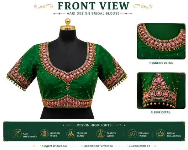Luxury green bridal Aari blouse front view with Maggam work embroidery