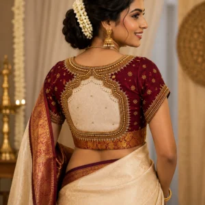 Cream panel bridal Aari embroidery blouse back design with handcrafted Maggam work