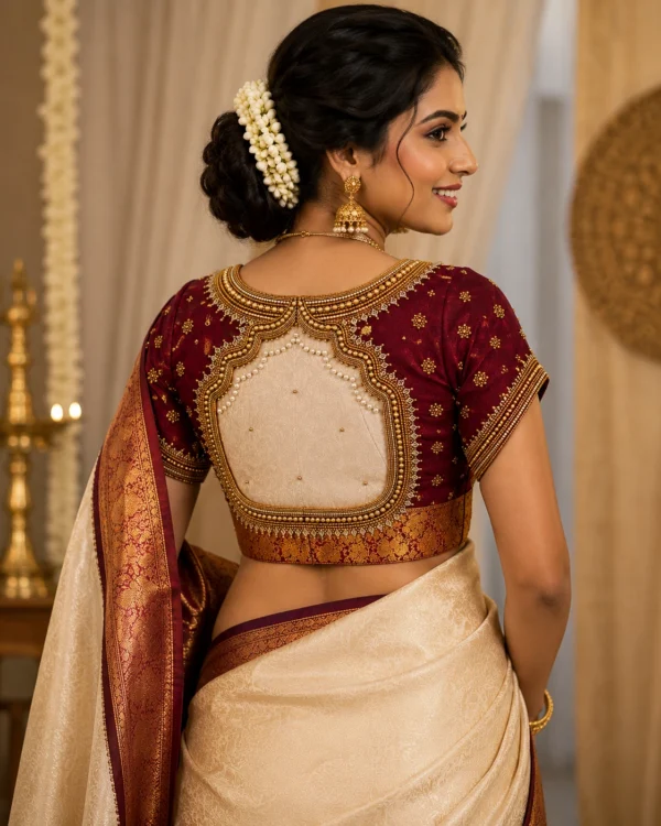 Cream panel bridal Aari embroidery blouse back design with handcrafted Maggam work