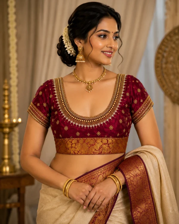 Luxury maroon bridal Aari blouse front design with Maggam work embroidery