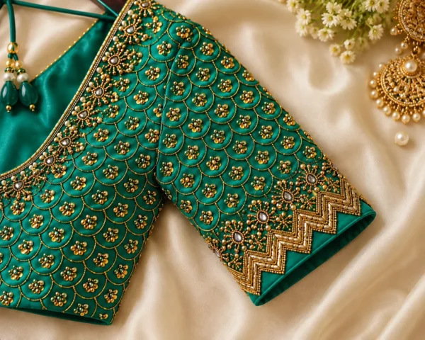 Designer bridal blouse sleeve with fish scale Aari embroidery and zardosi border