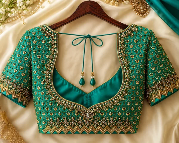 Heavy bridal Aari blouse back neck design with kundan and pearl Maggam Work
