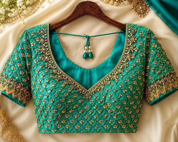 Luxury bridal Aari blouse front view with fish scale Maggam Work embroidery