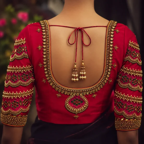 Deep Back Bridal Aari Blouse with Handcrafted Maggam Work