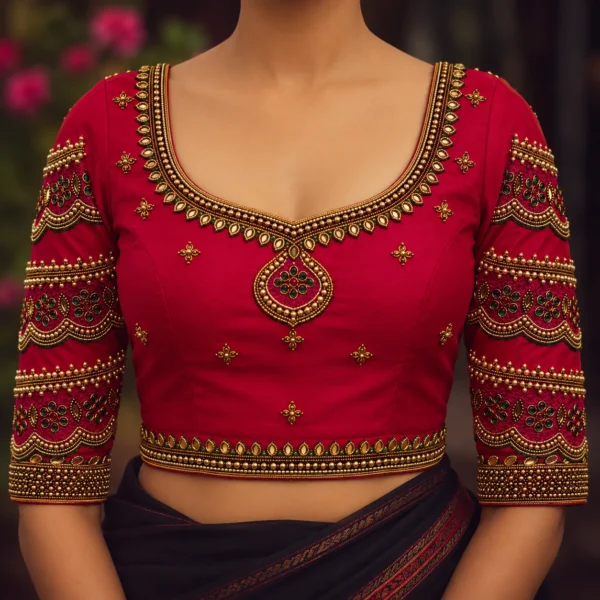Luxury Red Bridal Aari Design Blouse with Heavy Maggam Work Front View
