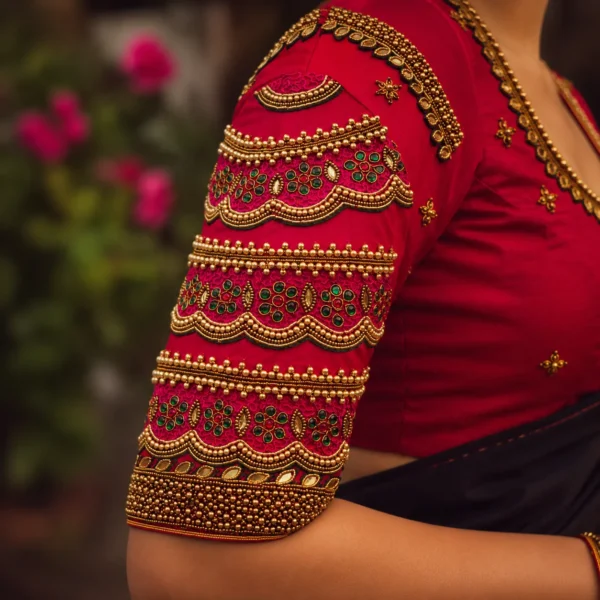 Heavy Sleeve Aari Embroidery with Zardosi and Kundan Work