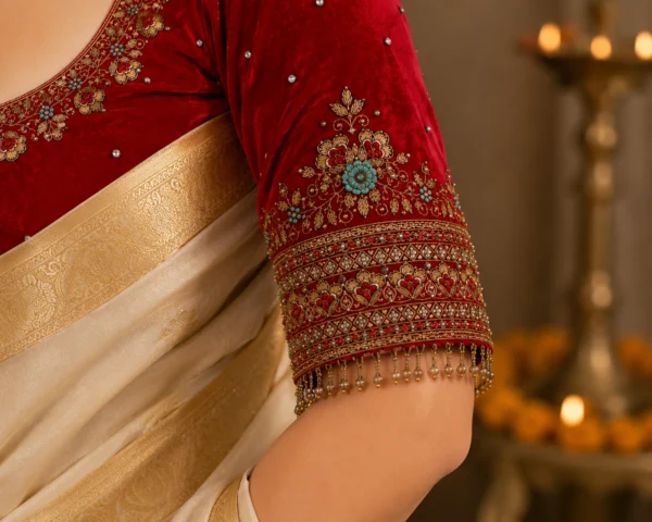 Heavy Bridal Sleeve Design with Aari Embroidery and Maggam Work