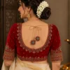 Red Velvet Bridal Aari Design Blouse Back View with Deep Bridal Neck