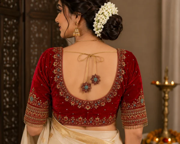 Red Velvet Bridal Aari Design Blouse Back View with Deep Bridal Neck
