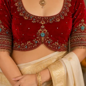 Red Velvet Bridal Aari Design Blouse Front View Heavy Maggam Work