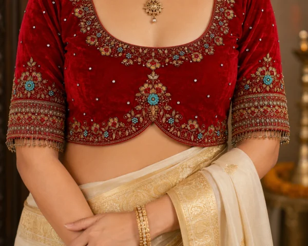 Red Velvet Bridal Aari Design Blouse Front View Heavy Maggam Work