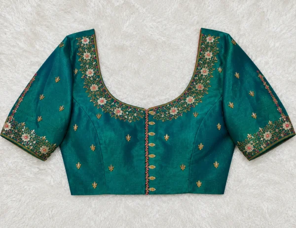 Royal Emerald Bridal Aari Blouse front view with floral Maggam embroidery