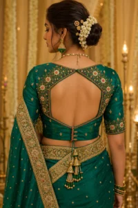 Model wearing emerald bridal Aari blouse with heavy Maggam work