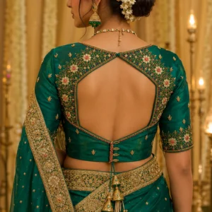 Model wearing emerald bridal Aari blouse with heavy Maggam work