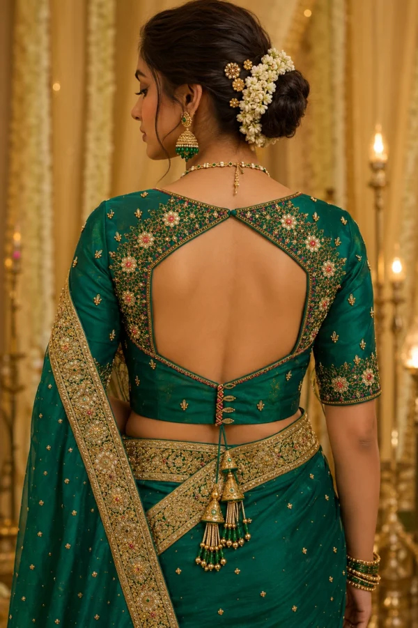 Model wearing emerald bridal Aari blouse with heavy Maggam work