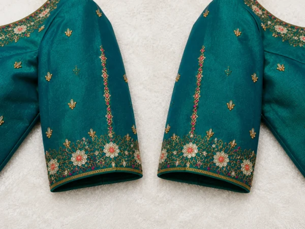 Luxury sleeve Aari embroidery with bridal floral detailing
