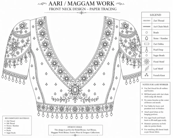 Front neck bridal Aari work blouse paper tracing design