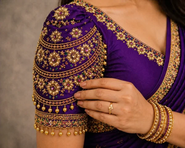 Heavy bridal maggam work sleeve with kundan stones and zari detailing
