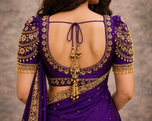 Back neck bridal Aari blouse with floral embroidery and pearl hanging tassels