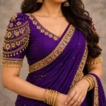 Royal purple bridal Aari work blouse with heavy maggam embroidery and zari sleeve design